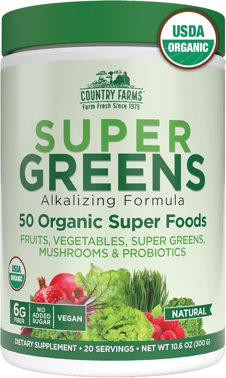 Country Farms Super Greens Natural Flavor, 50 Organic Super Foods, USDA Organic Drink Mix, Fruits, Vegetables, Super Greens, Mushrooms & Probiotics, Supports Energy, 20 Servings, 10.6 Oz