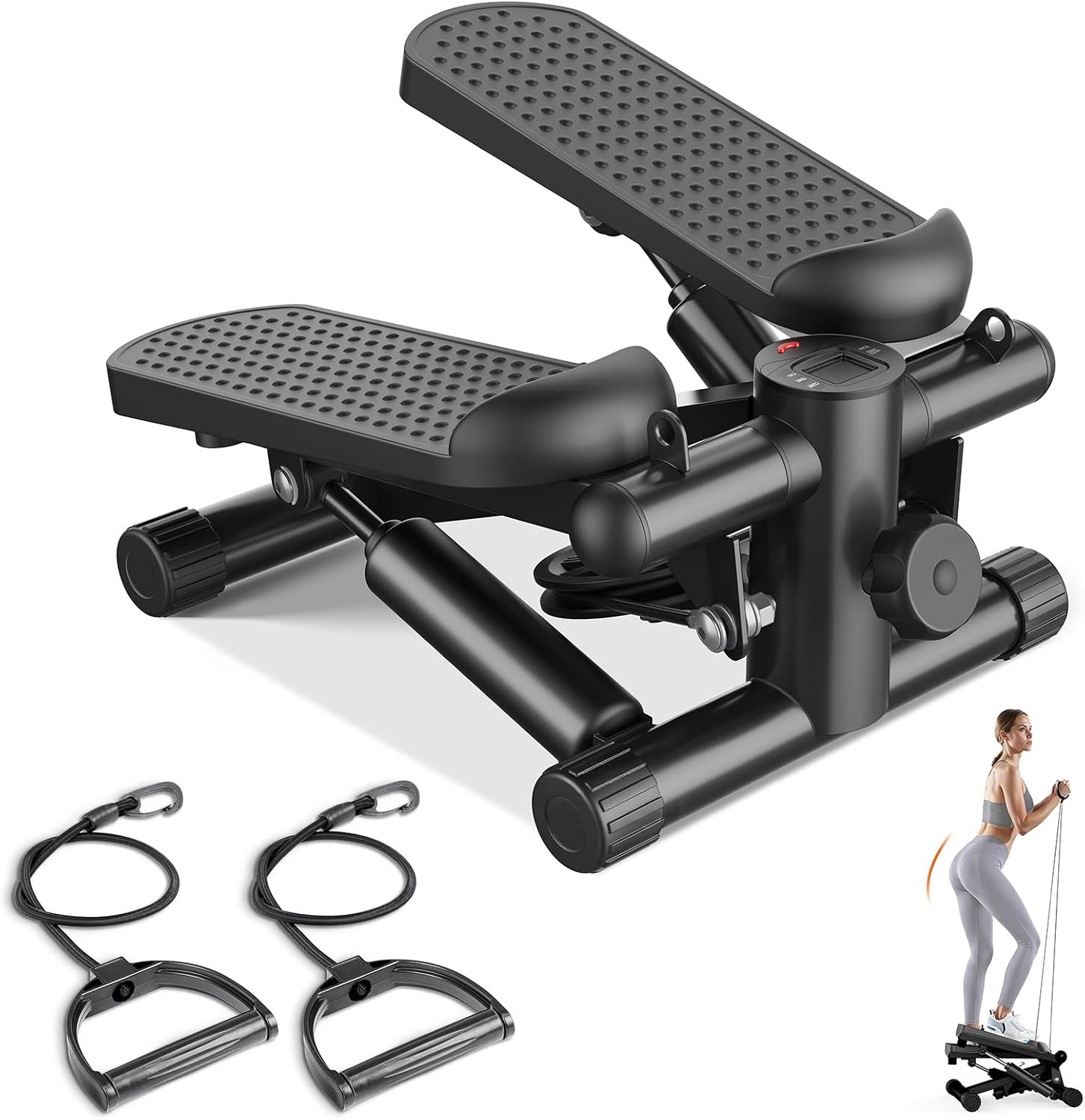 Sweetcrispy Mini Stair Stepper with Resistance Bands, Hydraulic Home Stepper Machine, 300 LBS Weight Capacity, Compact Cardio Equipment with LCD Monitor, No Assembly Required