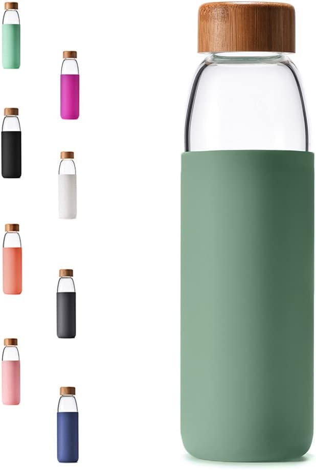 25 Oz Borosilicate Glass Water Bottles with Bamboo Lid, BPA-FREE, Non-Slip Silicone Sleeve, and Stainless Steel Leak Proof Lid – Reusable Glass Bottle for Men and Women