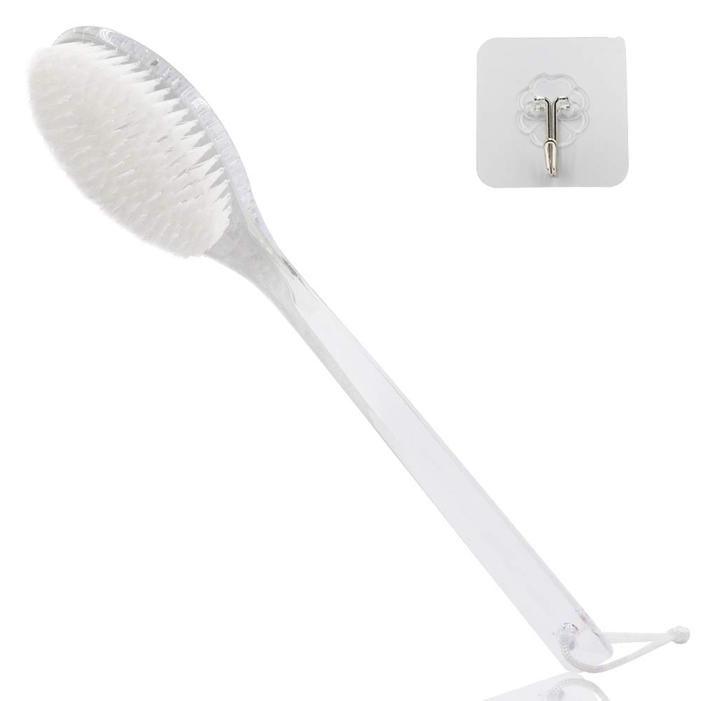 Body Dry Brushing Back Scrubber With Curved Plastic Long Handle – Clear Bath Shower Brush for Dry Skin Exfoliating, Cellulite – for Men and Women (Transparent Handle)