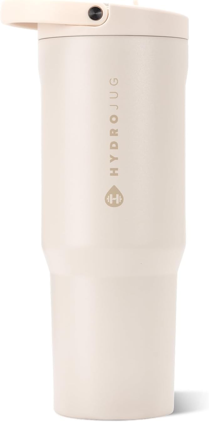 HydroJug Sport 32 oz Insulated Stainless Steel Water Bottle, Cream | Triple wall insulated, circular flip straw, leak-resistant, swivel handle, removable rubber boot, BPA-free, dishwasher safe