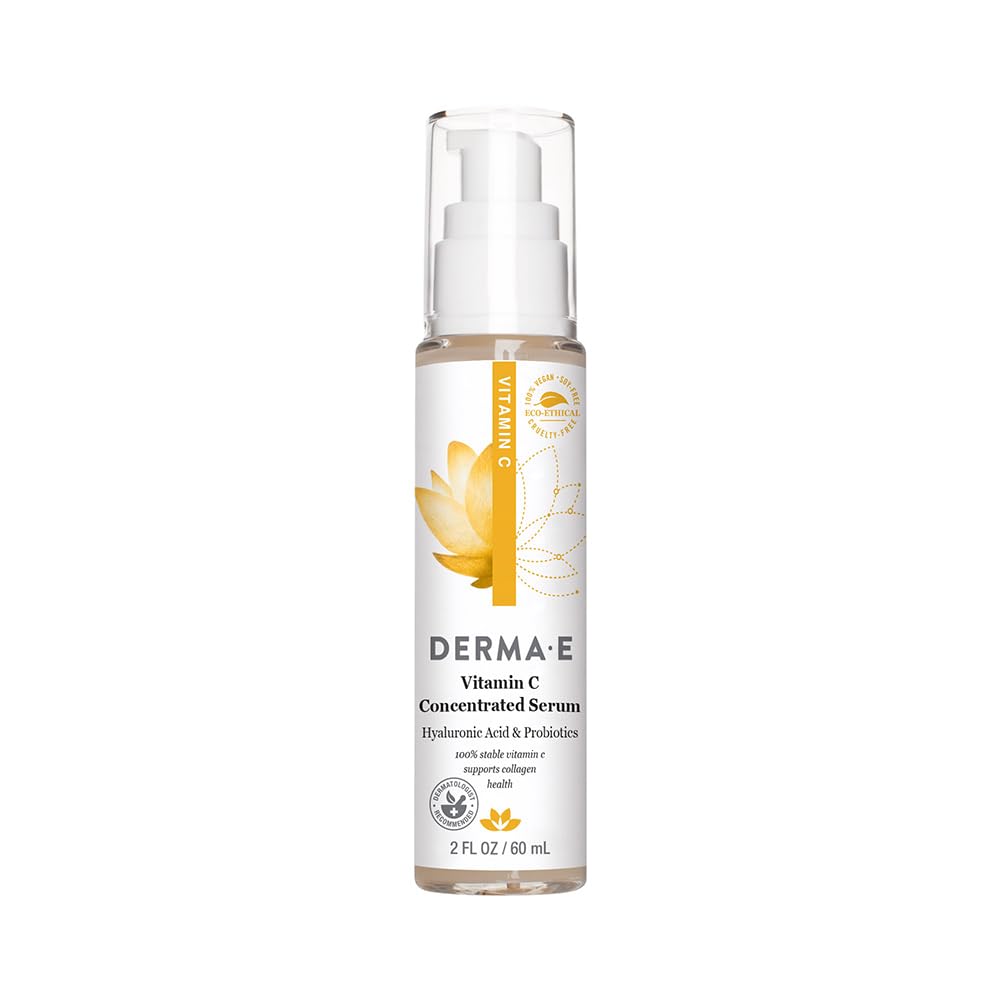 DERMA E Vitamin C Concentrated Face Serum to Hydrate & Brighten, 2 Oz | Brightening facial serum that helps reduce dark spots and hydrates with stabilized vitamin C, hyaluronic acid, and probiotics