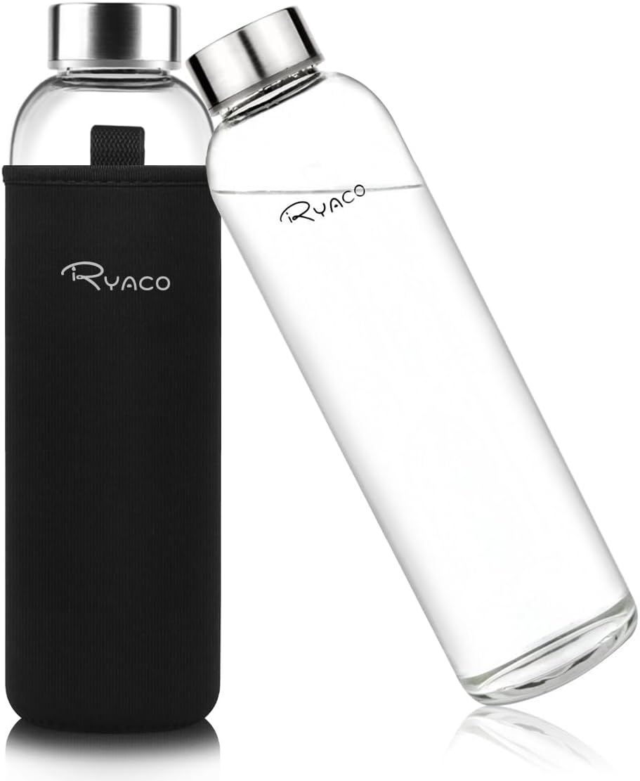 Ryaco Borosilicate Glass Water Bottle 33oz/1L/1000ml BPA-Free Leak Proof Ideal for School Home Office Travel Sport Yoga Gym Hot Cold Drinks with Portable Neoprene Carrying Sleeve and Sponge Brush
