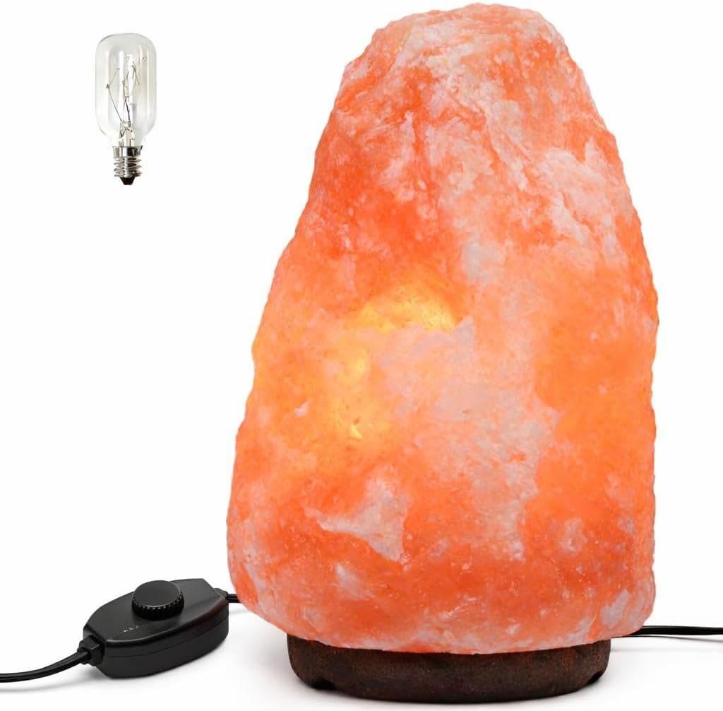 Himalayan Pink Salt Lamp 7 inch – Natural Rock 5-7 lb Crystal Night Light with Wooden Base, Warm Glow Bedside Lamp for Bedroom, Living Room, Meditation