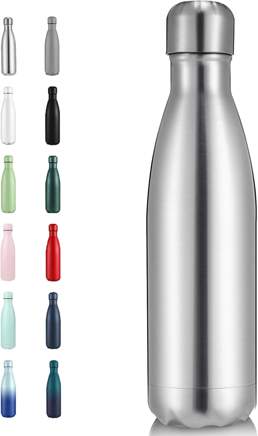 Volhoply 17oz Insulated Stainless Steel Water Bottle, Double Wall Vacuum Flask, Keeps Cold 24h & Hot 12h, Available in Packs of 1, 4, or 8（Silver,1 Pack)