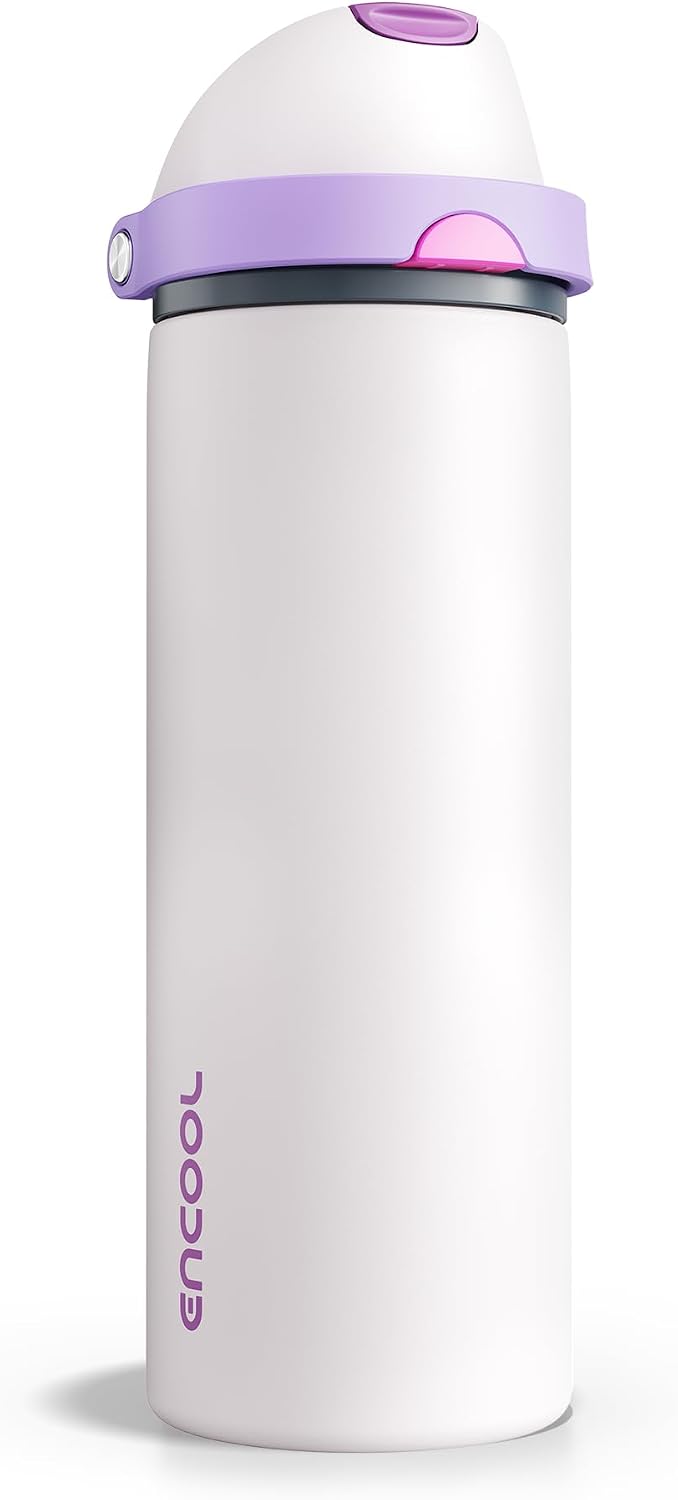 Insulated Water Bottle with Straw – Encool Stainless Steel Water Bottle with Push Button Lid, Leak-Proof & BPA-Free, Keeps Cold for 24 Hours for Sports, Travel, Gym (24 oz, Oyster Pink)