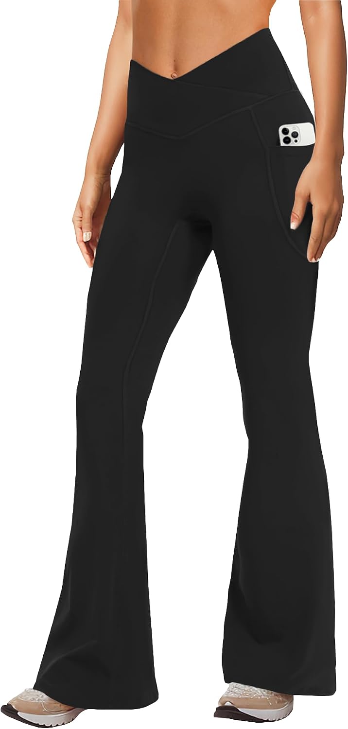 DLOODA Women Yoga Pants with Pockets No Front Seam Crossover Flare Leggings | High Waisted Tummy Control Bootcut Pants,Flared leggings,Bell Bottom,Workout,Casual Wear,Daily Outfits