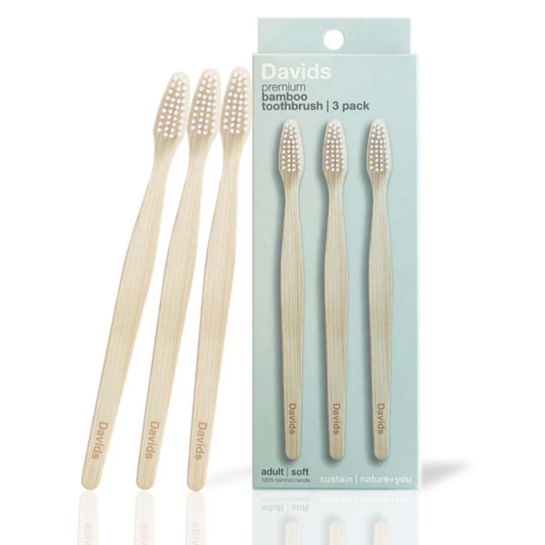 Davids Bamboo Soft Bristle Toothbrush Eco-Friendly BPA Free 3 Pack | Sustainable Bamboo Handle, High-Performance Bristles for Naturally Improved Oral Health, Made in Germany Quality