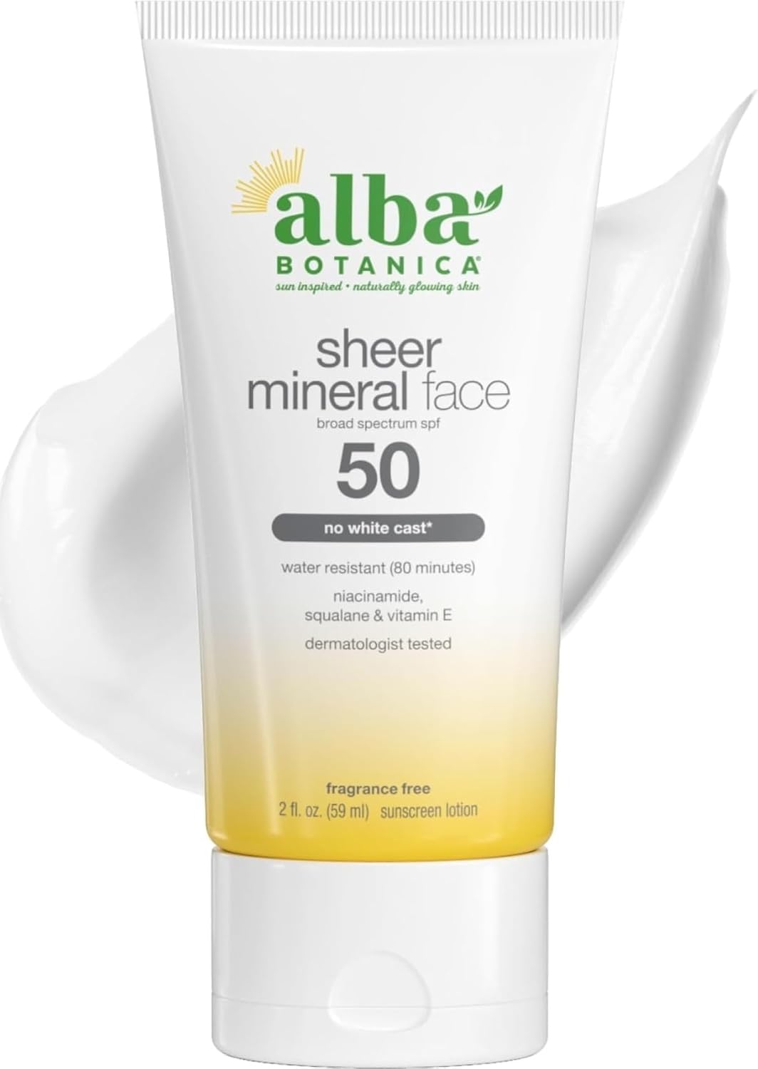 Alba Botanica Sunscreen for Face, Fragrance-Free Sheer Mineral Face Sunscreen Lotion, Broad Spectrum SPF 50, Water Resistant and Biodegradable, 2 fl. oz. Bottle (Packaging May Vary)