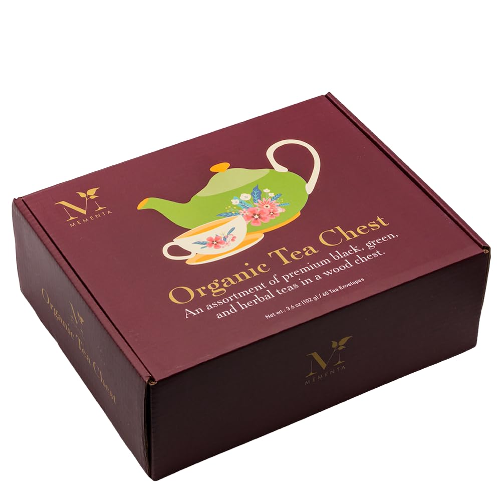 Mementa Inc Organic Wooden Tea Chest – 60 Tea Bags Individually Wrapped : Assorted Tea Variety Pack containing Black, Green, and Herbal caffeine-free teas : Tea Sampler Tea Set