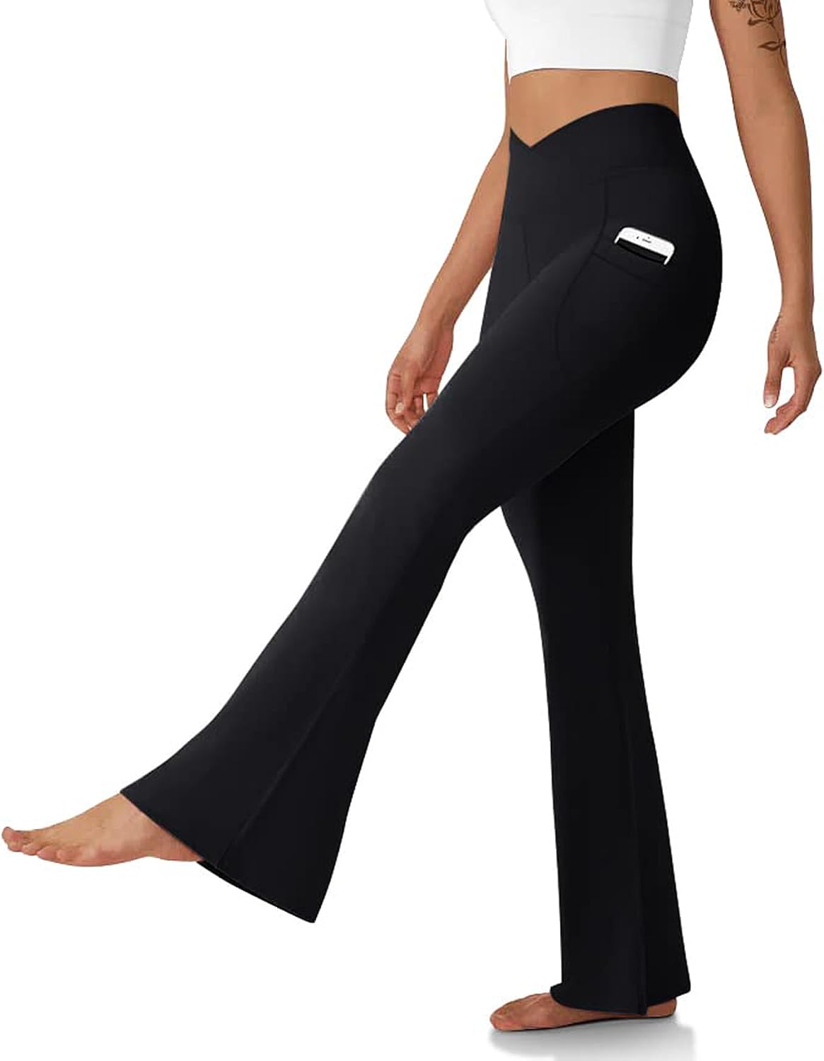 Women’s Flare Leggings with Pockets Crossover High Waisted Yoga Pants | Tummy Control Bell Bottom Leggings, Bootcut Workout Pants, Gym to Street Outfits, Pilates, Fitness