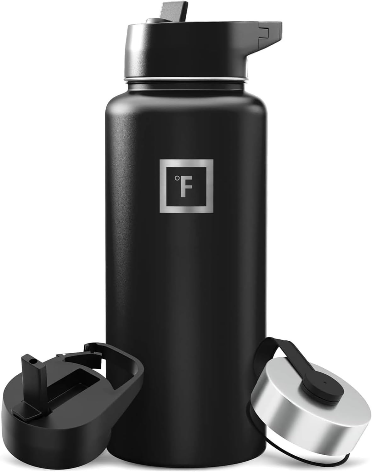 IRON °FLASK 32 oz Wide Mouth Water Bottle with 3 Lids | Insulated Stainless Steel Sports Water Bottle with 3 Leakproof Lids – BPA Free, Cold 24 Hrs, Sweat Free (Midnight Black)