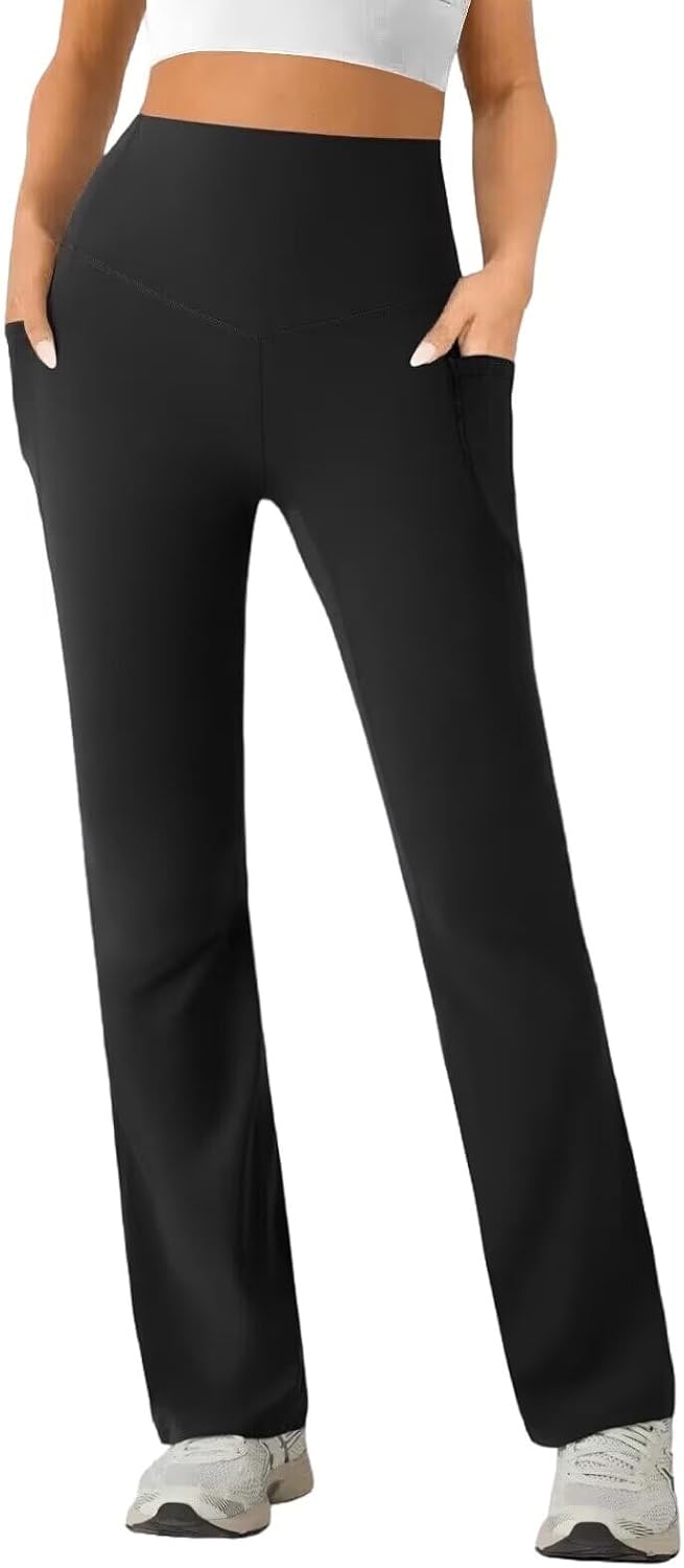 Womens High Waist Yoga Pants Stretchy Casual Trousers | Straight Leg, Pull On, Side Pockets, Soft Breathable Fabric for Workout, Daily Wear