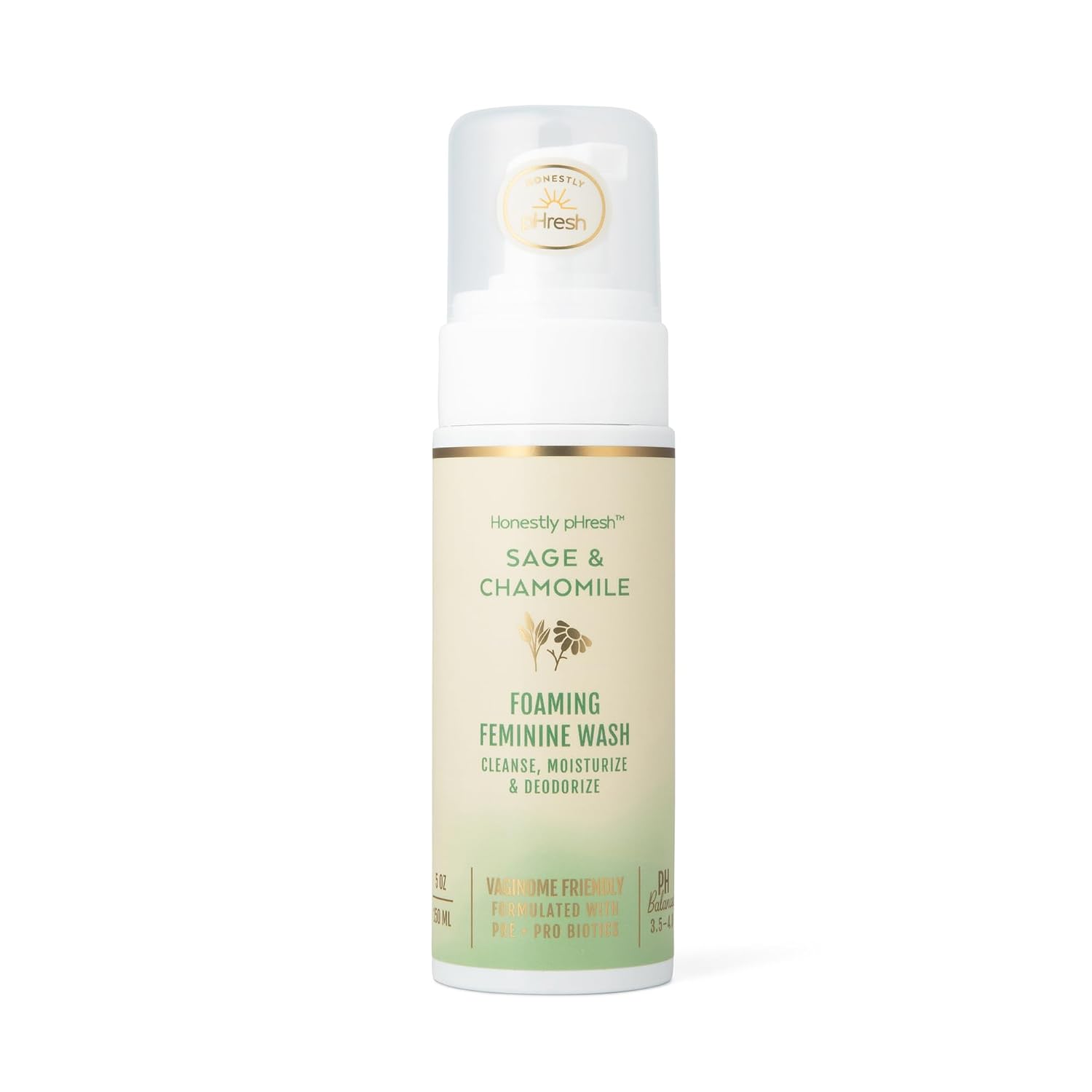 Honestly pHresh Foaming Feminine Wash for Women – pH Balanced Natural Intimate Cleanser with Prebiotics & Probiotics. Vegan, Sensitive Skin Safe. Made In USA – Sage & Chamomile Scent, 5 oz
