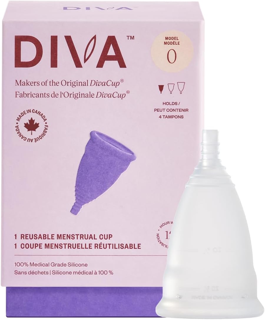 DIVA Cup Model 0, (for Slim Vaginal Canals & First-Time Users) | 100% Medical Grade Silicone Reusable Menstrual Cup for Up to 12 Hours of Leak-Resistant, Plastic-Free Wear