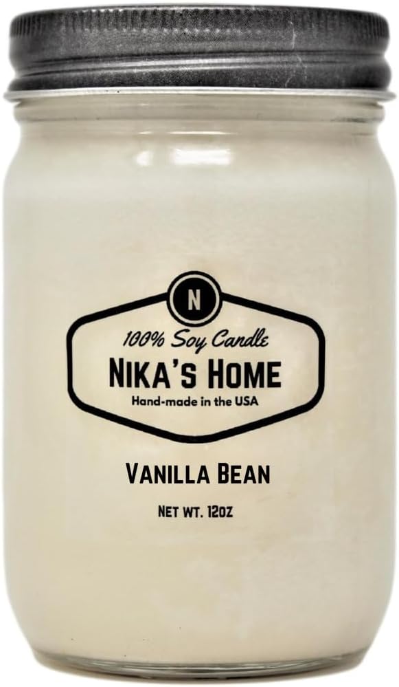Nika’s Home Vanilla Bean Soy Candle – 12oz Mason Jar – Non-Toxic – Hand Poured in The USA, Long Burning 50-60 Hours Highly Scented All Natural, Clean Burning