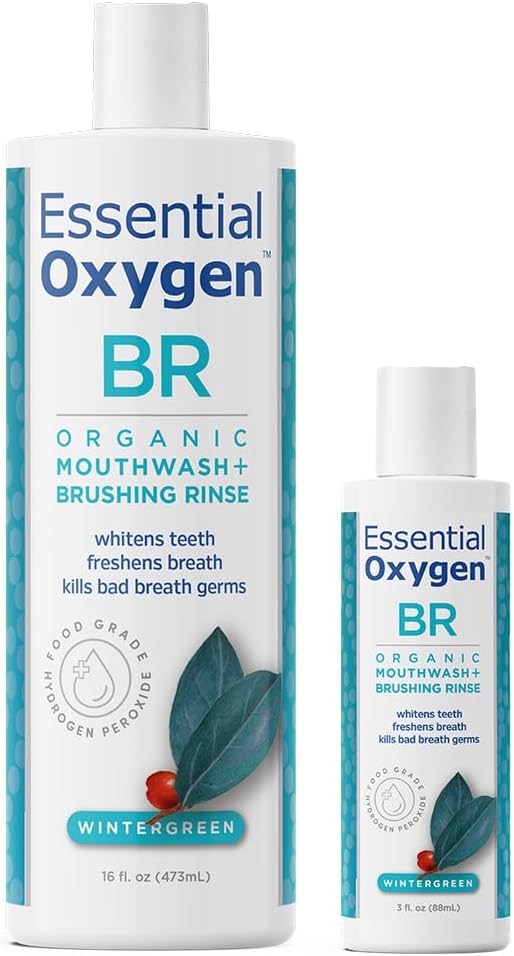 Essential Oxygen BR Certified Organic Brushing Rinse, All Natural Mouthwash for Whiter Teeth, Fresher Breath, and Happier Gums, Alcohol-Free Oral Care, Wintergreen, 2 Piece Set, 16 Oz