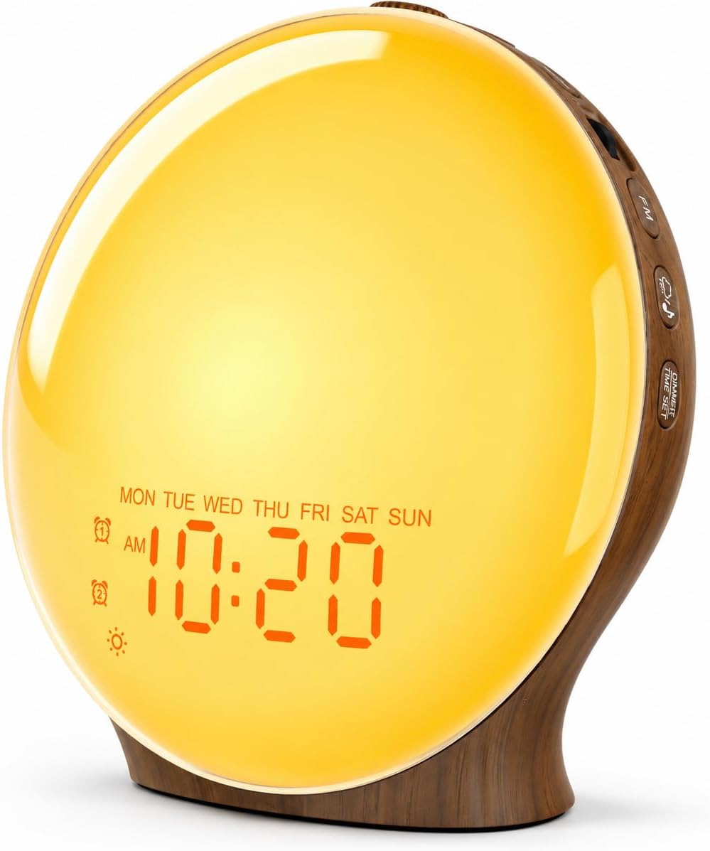 JALL Full-Screen Wake Up Light Sunrise Alarm Clocks for Bedrooms, White Noise Machine for Heavy Sleepers, 25 Natural Sounds, Dual Alarms, FM Radio, 17 Dimmable Colors, Bluetooth Speaker