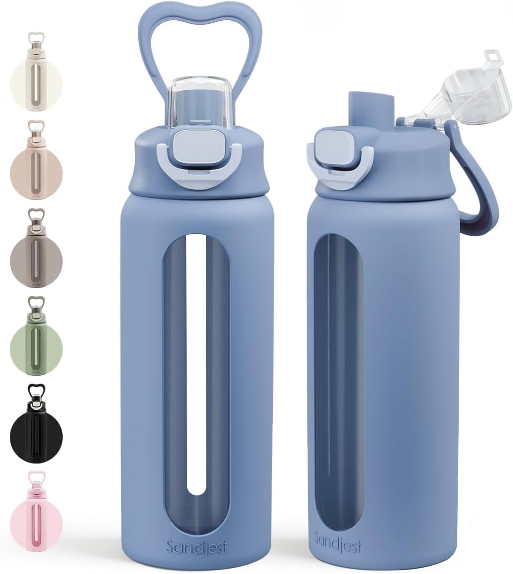 SANDJEST Glass Water Bottle with Silicone Sleeve 24oz with Lid, Motivational Time Marker, Drinking Hydration Glass Bottles for Men Women, Gym Travel Sports (Blue)