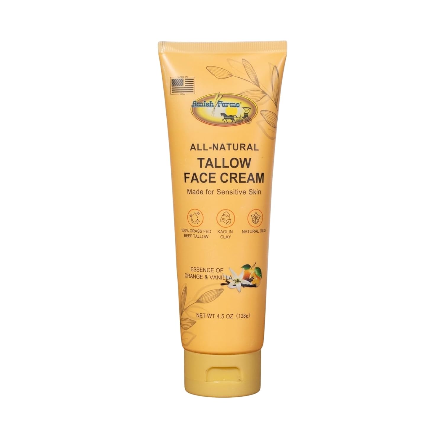 Amish Farms Grass Fed Beef Tallow Face Moisturizer with Kaolin Clay, Vitamin E & Olive Oil – 100% Organic Tallow Cream for Dry Sensitive Skin, Orange Vanilla Scent Lotion Skincare for Men & Women