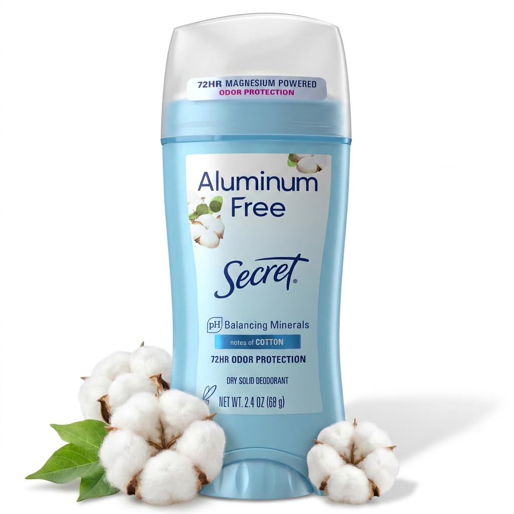 Secret Aluminum Free Deodorant for Women, 72hr Odor Protection, Naturally Derived Ingredients, Free of Parabens Dyes Talc & Baking Soda, PH Balancing Minerals, Dry Solid, Cotton Scent, 2.4 oz