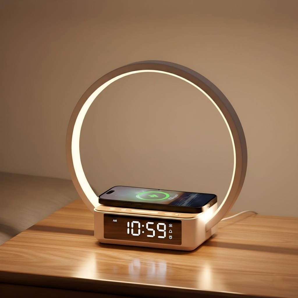 WILIT Bedside Lamp with Alarm Clock, Sunrise Wake-up Light, Wood Grain