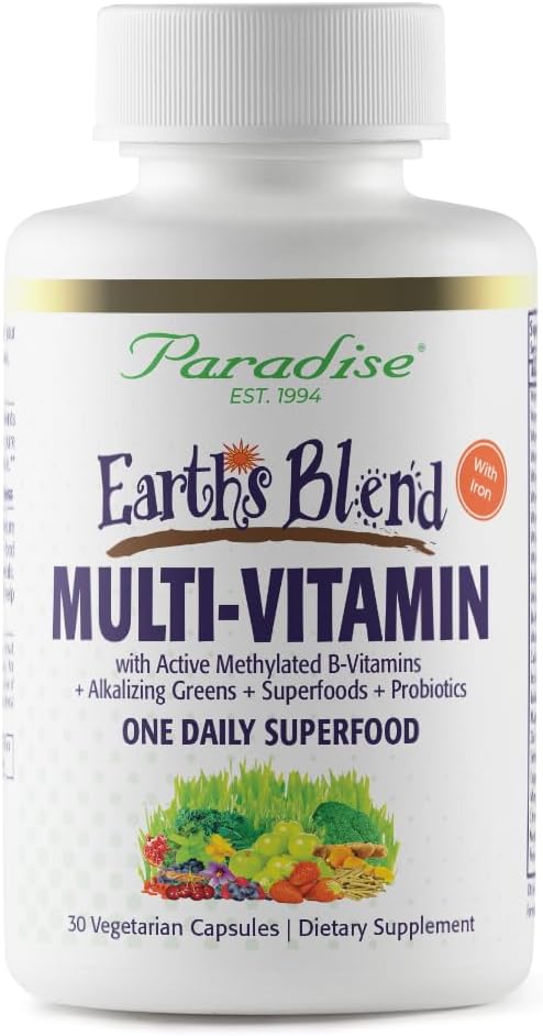 Paradise Herbs & Essentials Once Daily Multivitamin Iron Capsules | With 48 organic superfoods, probiotics, antioxidants, vitamins A, B12, C, D and K2 in a 30 count dietary supplement.