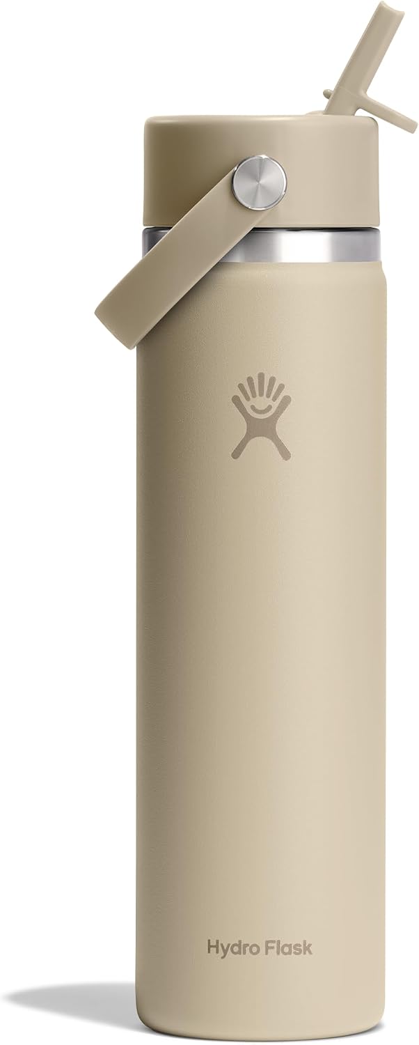 Hydro Flask Water Bottle – Insulated Stainless Steel – Wide Mouth Flex Straw Lid, Non Spill, Leakproof and Refillable in 24 Oz Tonal Oat