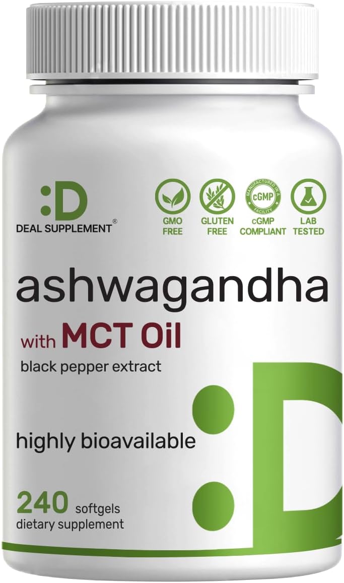DEAL SUPPLEMENT Ashwagandha Extract with Black Pepper Extract, 240 Softgels – Ayurvedic Root Extract with Added MCT Oil – Active Withanolides – Non-GMO, Lab Tested