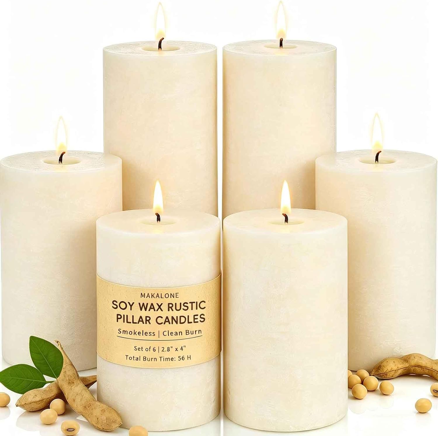 Soy Wax Creamy White Pillar Candles,Non-Toxic, 2.8×4 Inch,6 Pack,330 H Burn