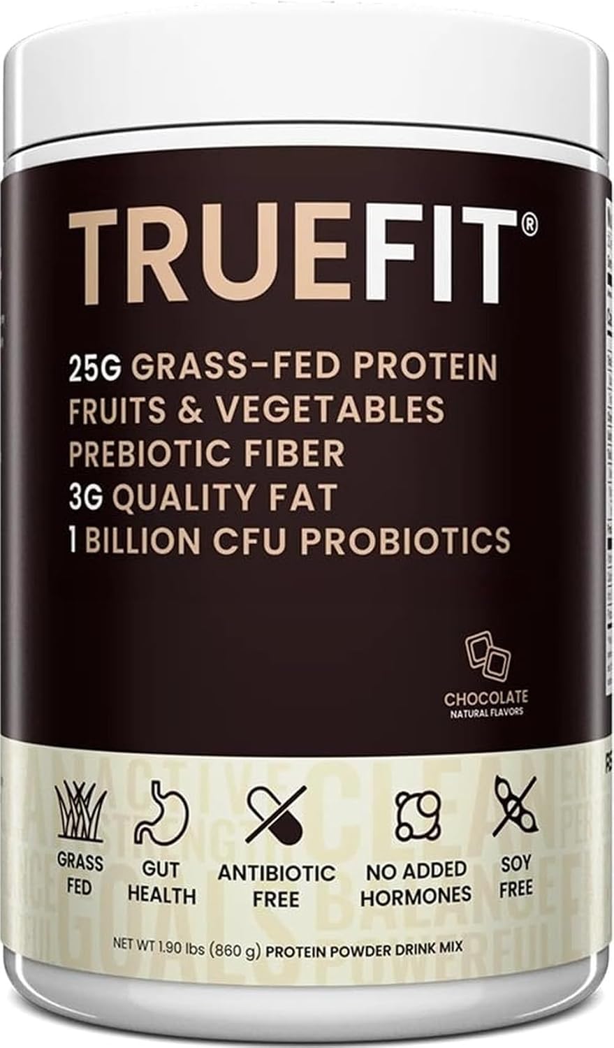 TrueFit Grass-Fed Whey Protein Powder + Fiber & Probiotics, Chocolate Shake