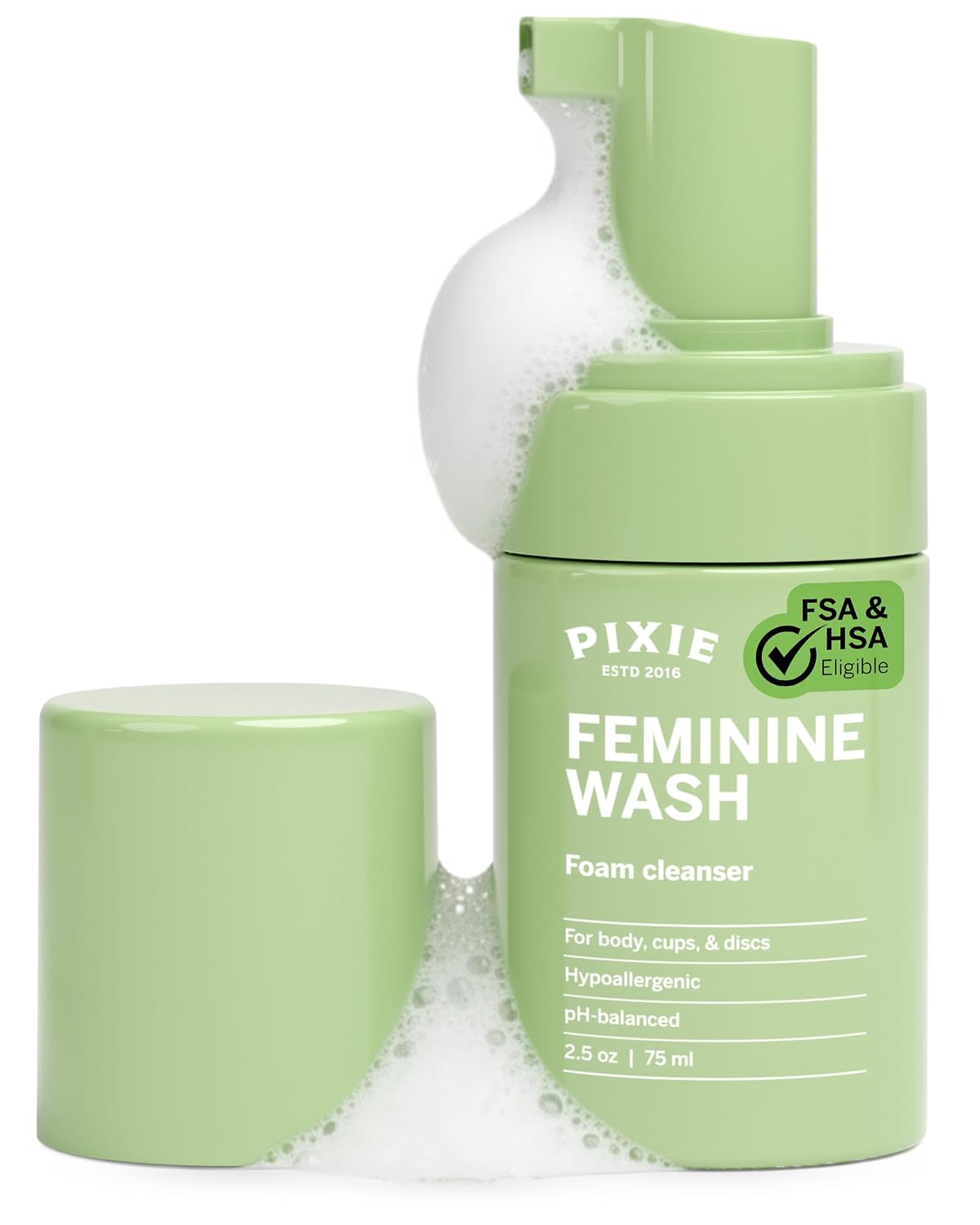 Pixie Feminine Wash – Foaming Cleaner with Natural Ingredients – pH Balanced & Plant Based – For Your Menstrual Cups and Discs, TSA Approved 2.5oz