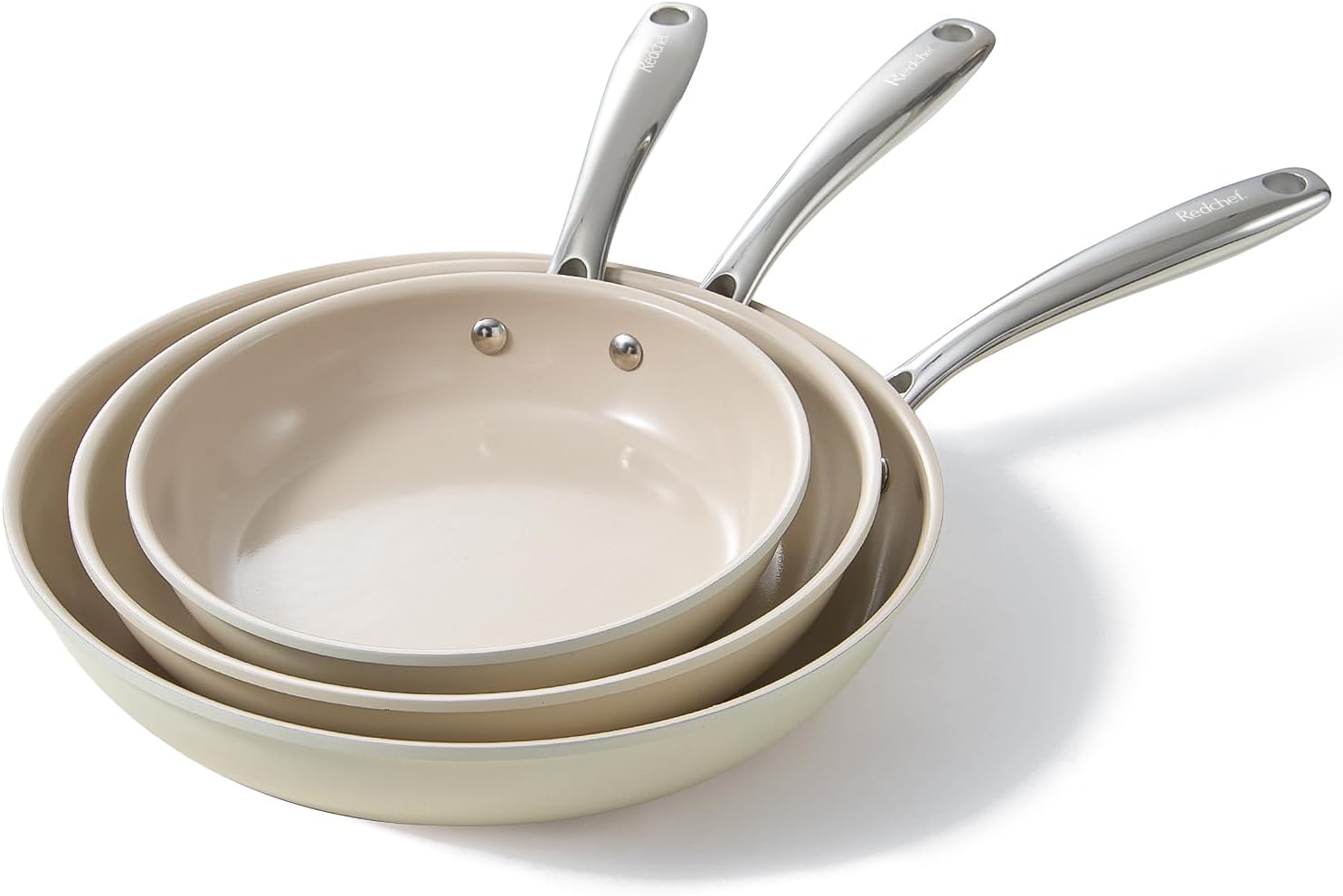 Redchef Non Stick Frying Pans, Ceramic Pan Skillet, Non Toxic Pans for Cooking, 8″ 9.5″ 11″ Ceramic Frying Pan Set PFAS & PTFE & PFOA Free with Stay Cool Handle, Dishwasher & Oven Safe, Beige White