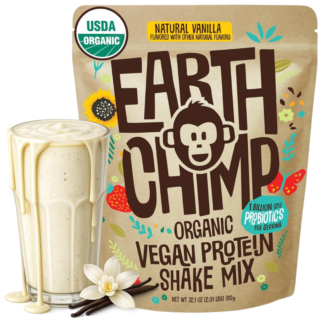 EarthChimp Organic Vegan Protein Powder – with Probiotics – Non GMO, Dairy Free, Non Whey, Plant Based Protein Powder for Women and Men, Gluten Free – 26 Servings 32 Oz (Vanilla)
