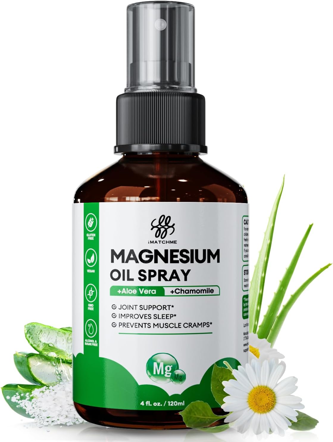 iMATCHME Magnesium Oil Spray for Feet & Body – Topical Magnesium Spray for Sleep, Leg Cramps & Muscle Relaxation, Fast Absorbing, Non-Greasy, with Aloe Vera & Chamomile, 4oz