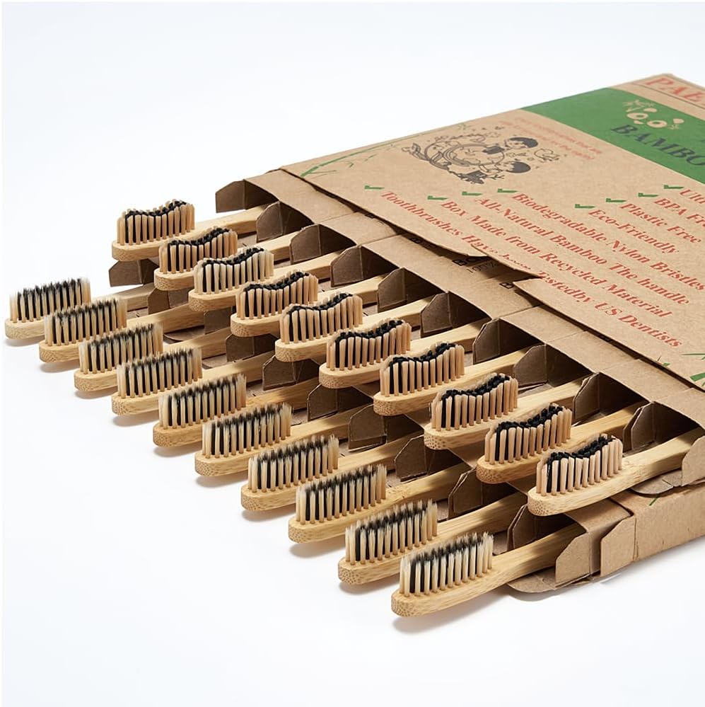 Tetragonal Tree 20 Pack Bamboo Toothbrushes 10 Soft 10 Medium BPA Free Charcoal Wooden Handles