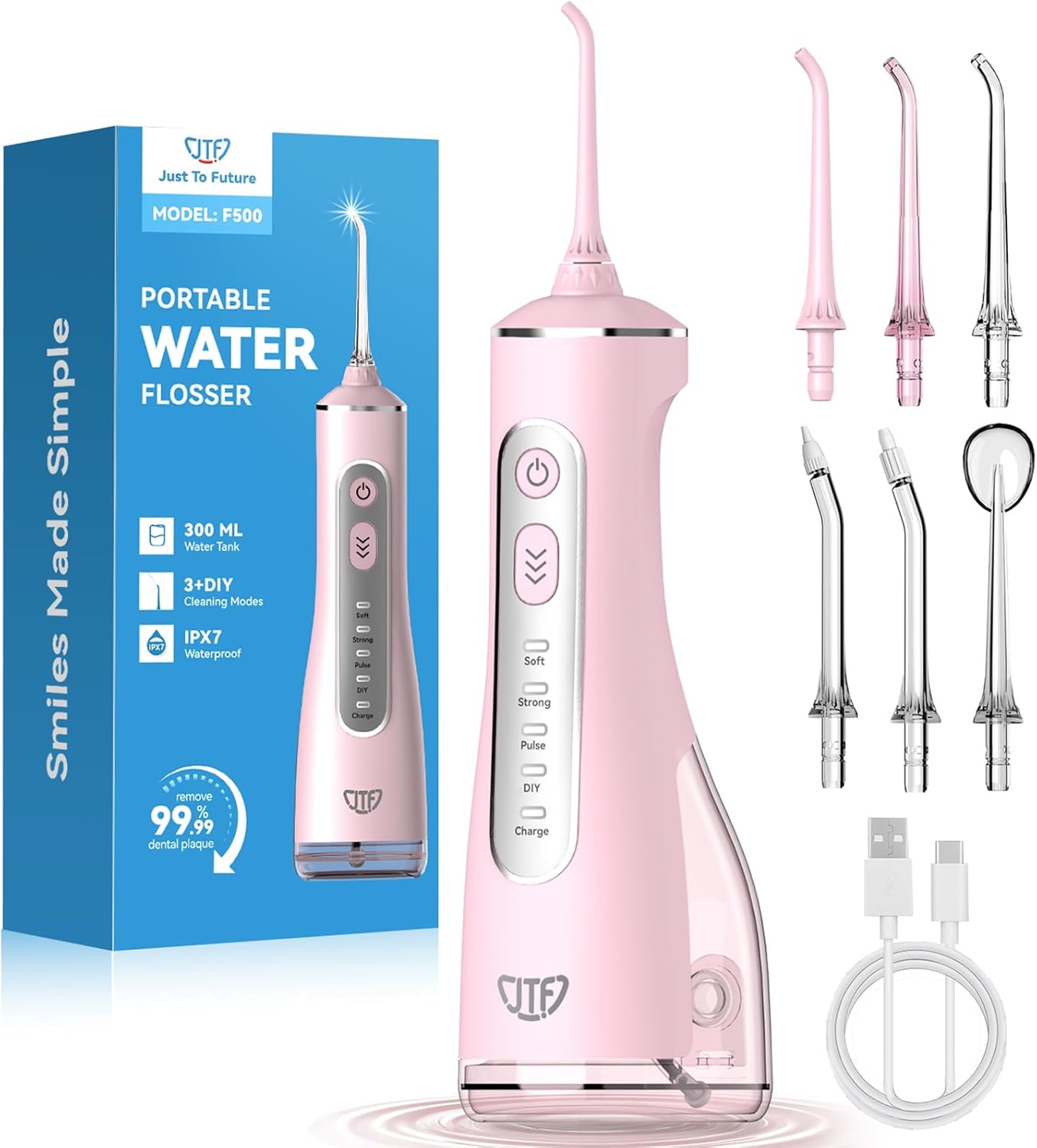 JTF Portable Water Flosser for Teeth: 3 Modes & 10 DIY Pressure Levels Cordless Oral Irrigator for Braces & Sensitive Gums – with 300ML Tank & 6 Tips, Rechargeable Electric Dental Pick for Home Travel