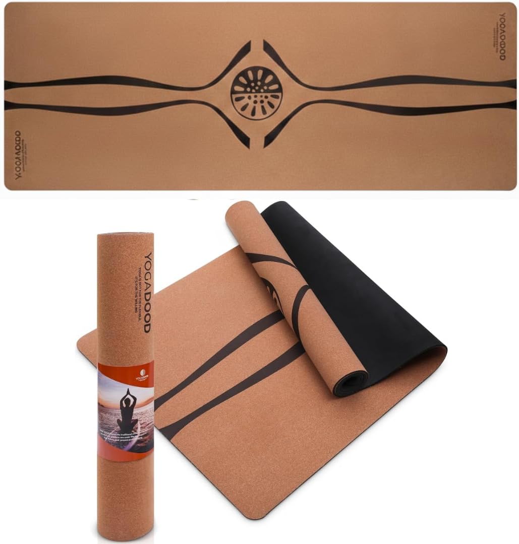 YOGA DOOD Cork Yoga Mat Thick 4mm – Natural Yoga Mat Non-Toxic (72″x26″) | Made with Eco Friendly Materials, Moisture-Activated Grip for Men’s Practice, Extra wide & Supportive, With Alignment Lines