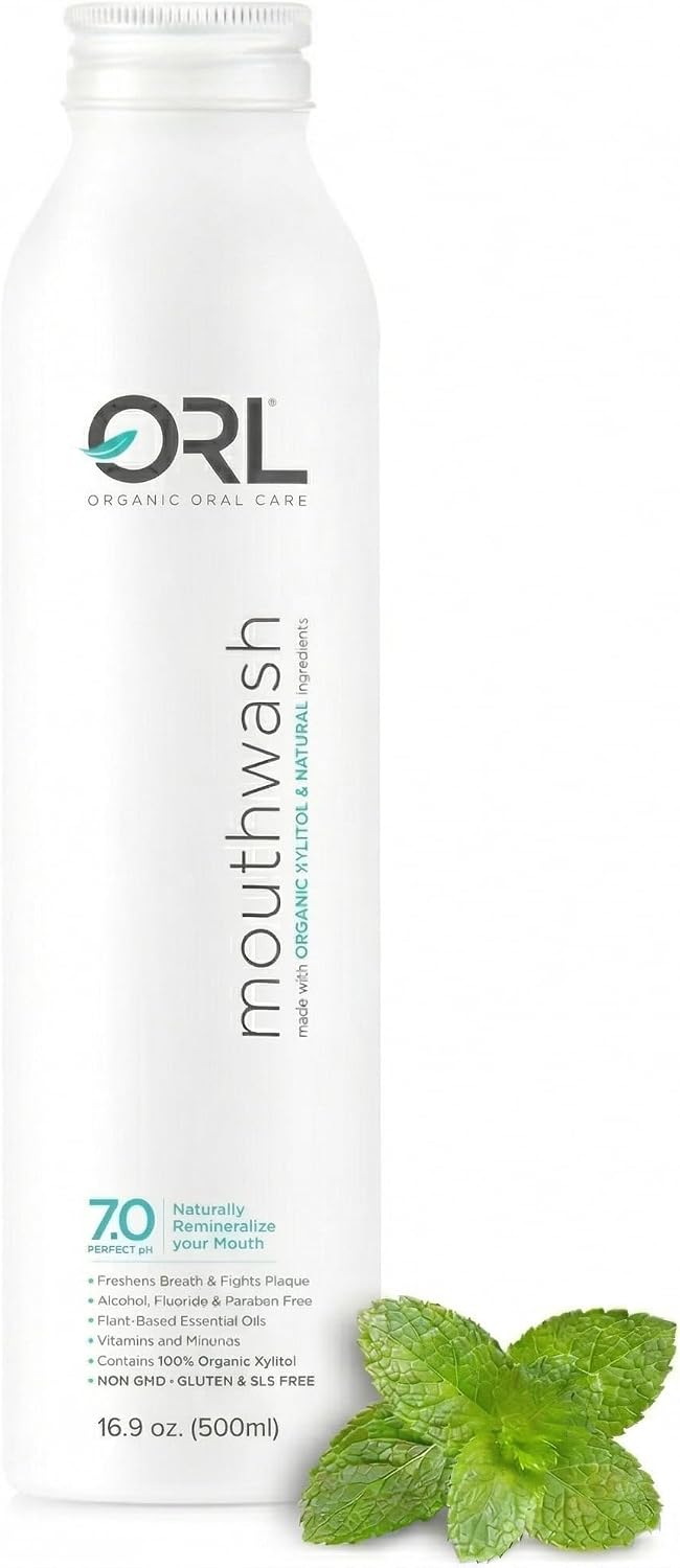 ORL Natural & Organic Alcohol-Free Mint Mouthwash Uniquely Formulated to Clean Your Mouth, Whiten Your Teeth, Strengthen Tooth Enamel with 7.0 pH Balance. Eco-Friendly Aluminum Bottle. 16.9 oz.