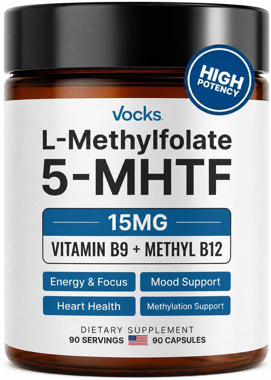 Vocks L Methylfolate 15mg | 5-MTHF + Methyl B12 | High Potency Methylfolate Supplement | Active Methylated Folate Vitamin B9 | MTHFR Supplement| Folate Supplement for Women & Men | 90 Capsules