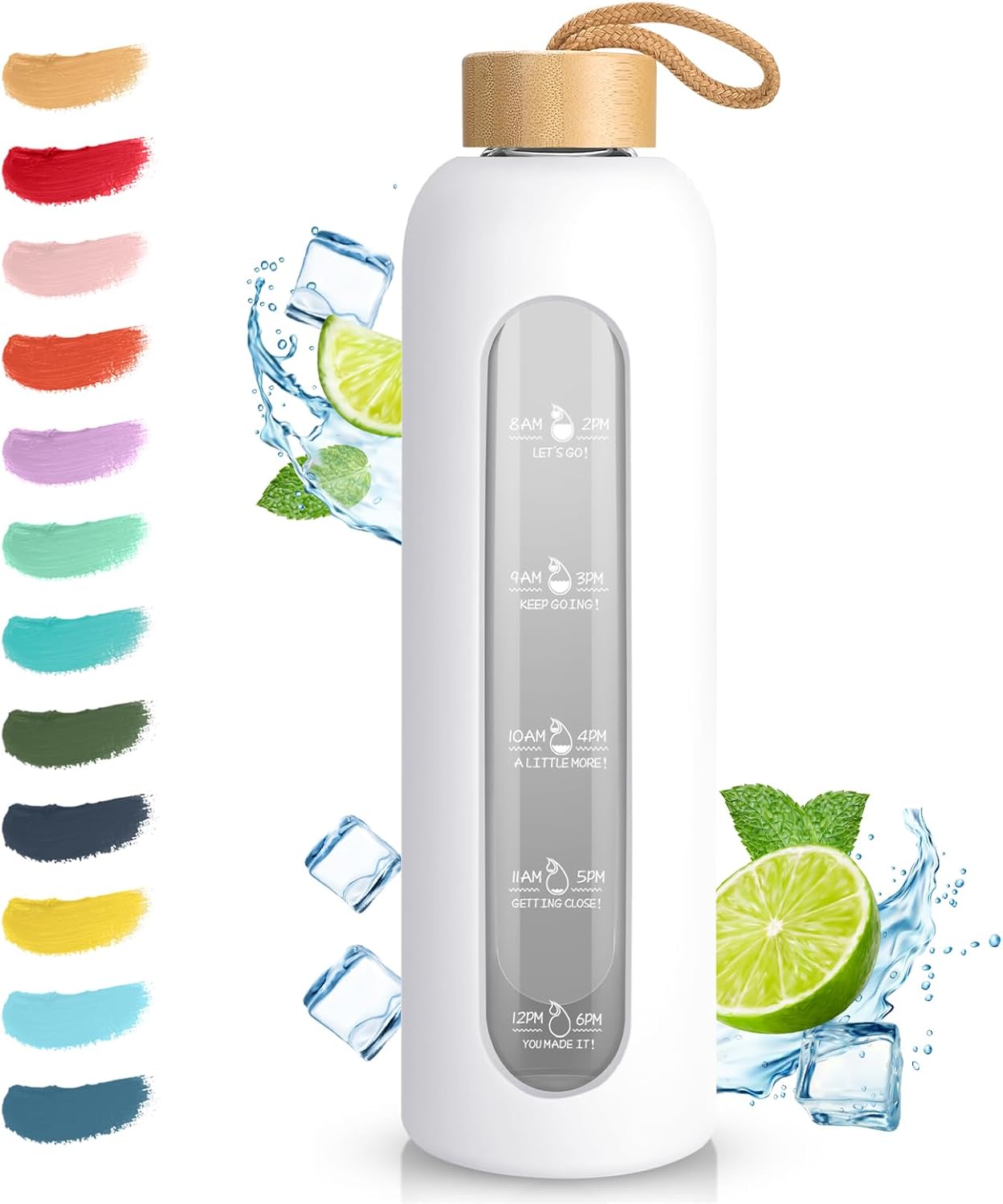 Sursip 32 oz Glass Water Bottle, Time Marker with Silicone Sleeve & Lid | 1 Liter BPA-Free Motivational Bottle, Leak-Proof Dishwasher Safe