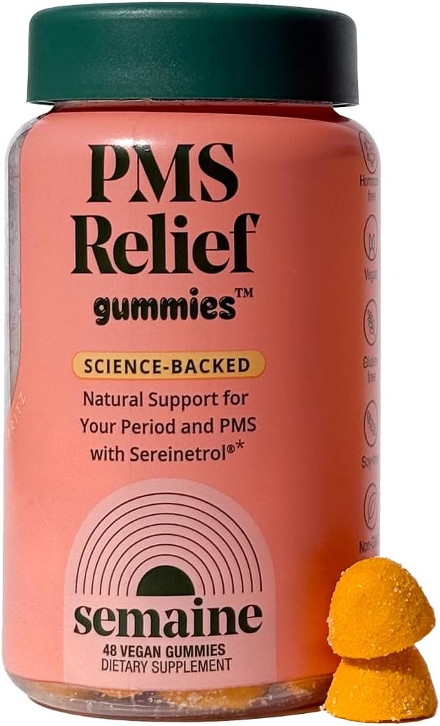 Semaine PMS Relief for Women, Period Cramp Relief, Period Cramps, Menstrual Cramps, PMS Support Supplement for Women, Bloating and Mood, Mango Peach, 48 Gummies