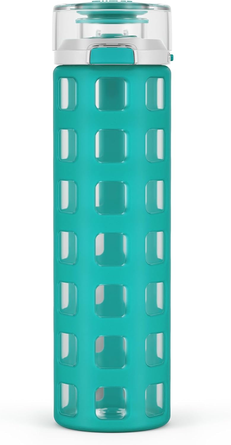 Ello Syndicate 20oz Glass Water Bottle with Flip Lid and Sleeve, Mint | Glass water bottle for iced drinks with leakproof flip lid, silicone sleeve, carry loop, BPA-free, and dishwasher safe