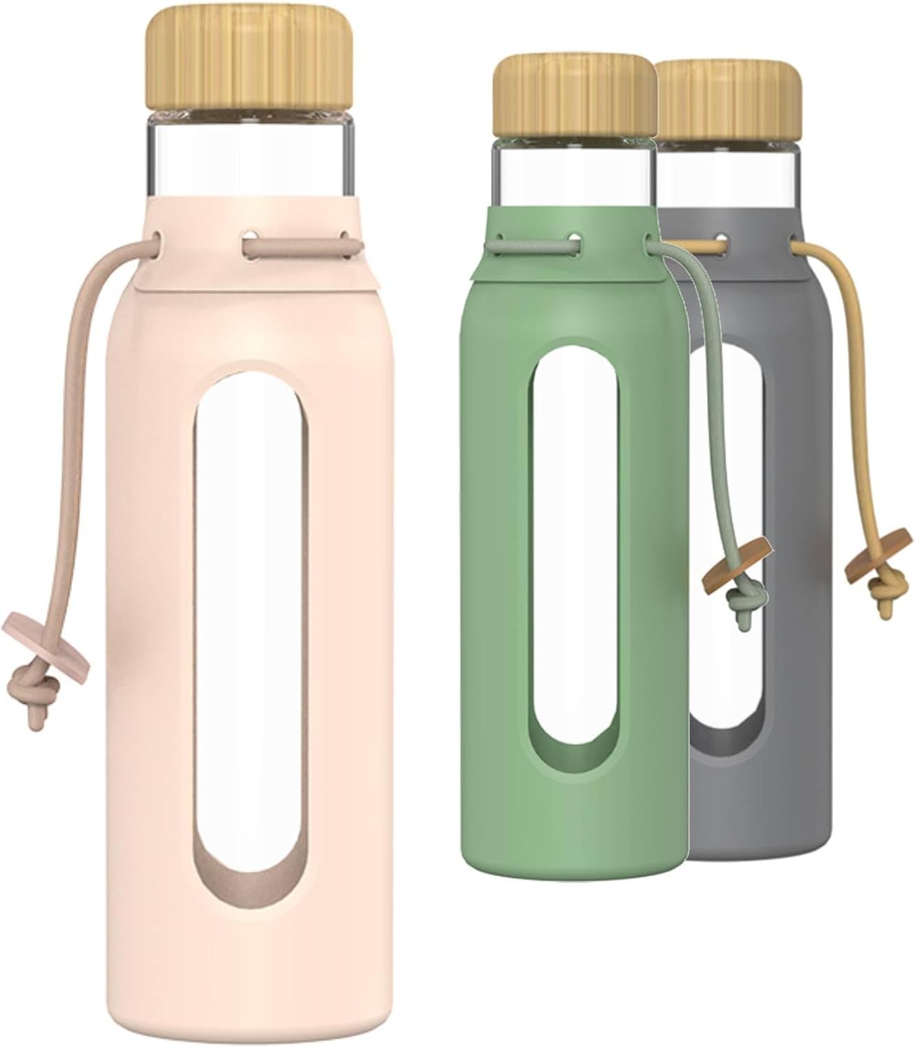 Borosilicate Glass Drinking Bottle with Bamboo Lid and Silicone Sleeve, 22 oz Reusable Water Bottle with Carry Cord for Travel, Leak Proof, BPA-Free (Wildflower Pink)