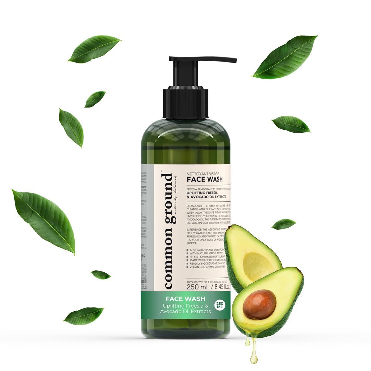 COMMON GROUND Natural Face Cleanser Wash, Paraben & Cruelty Free, Normal, Oily, Dry, Sensitive, Vegan, Plant-Based, pH 5.5, Avocado Oil, Men, Women, 8.4 Fl Oz