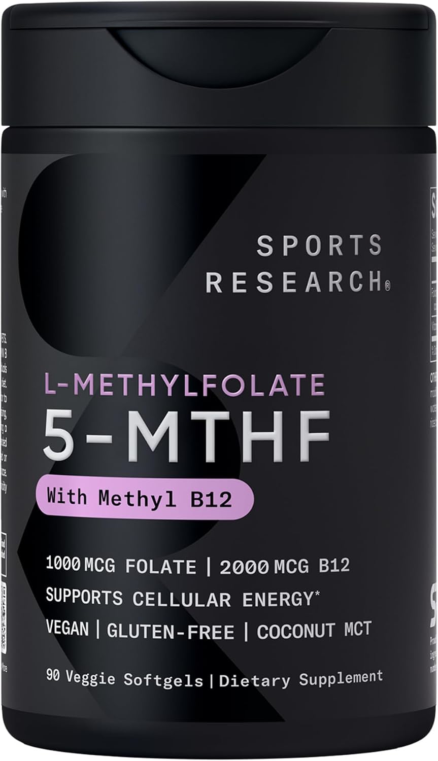 Sports Research® 5-MTHF Methyl Folate w/Methylated B12, 90 Count Plantgels