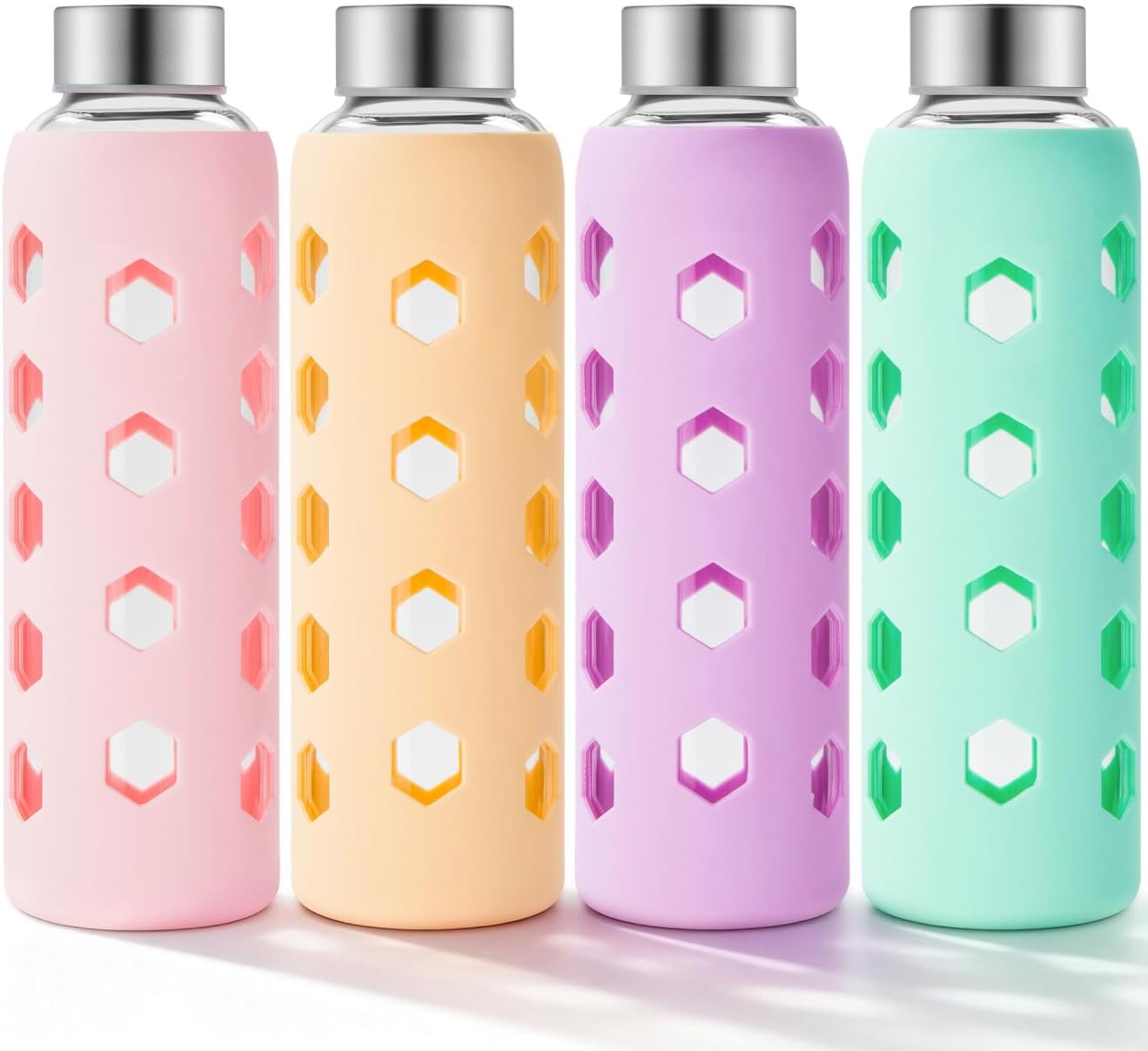 Mrsdry 18 oz Glass Water Bottles with Lids & Silicone Sleeves, 4-Pack | BPA Free, Leak-Proof Reusable Glass Drinking Bottles with Stainless Steel Airtight Cap for Juicing, Dishwasher Safe, Non-Slip