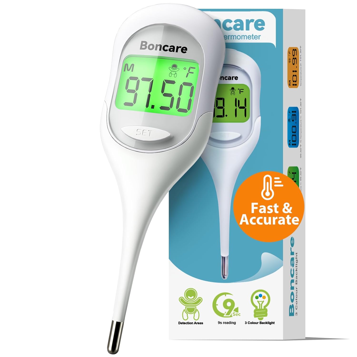 Boncare 9 Seconds Basal Body Thermometer for Ovulation (Rice-White) | Oral Thermometer for Adults and Kids – Accurate Rectal Thermometer, with Fever Alarm and Large Display