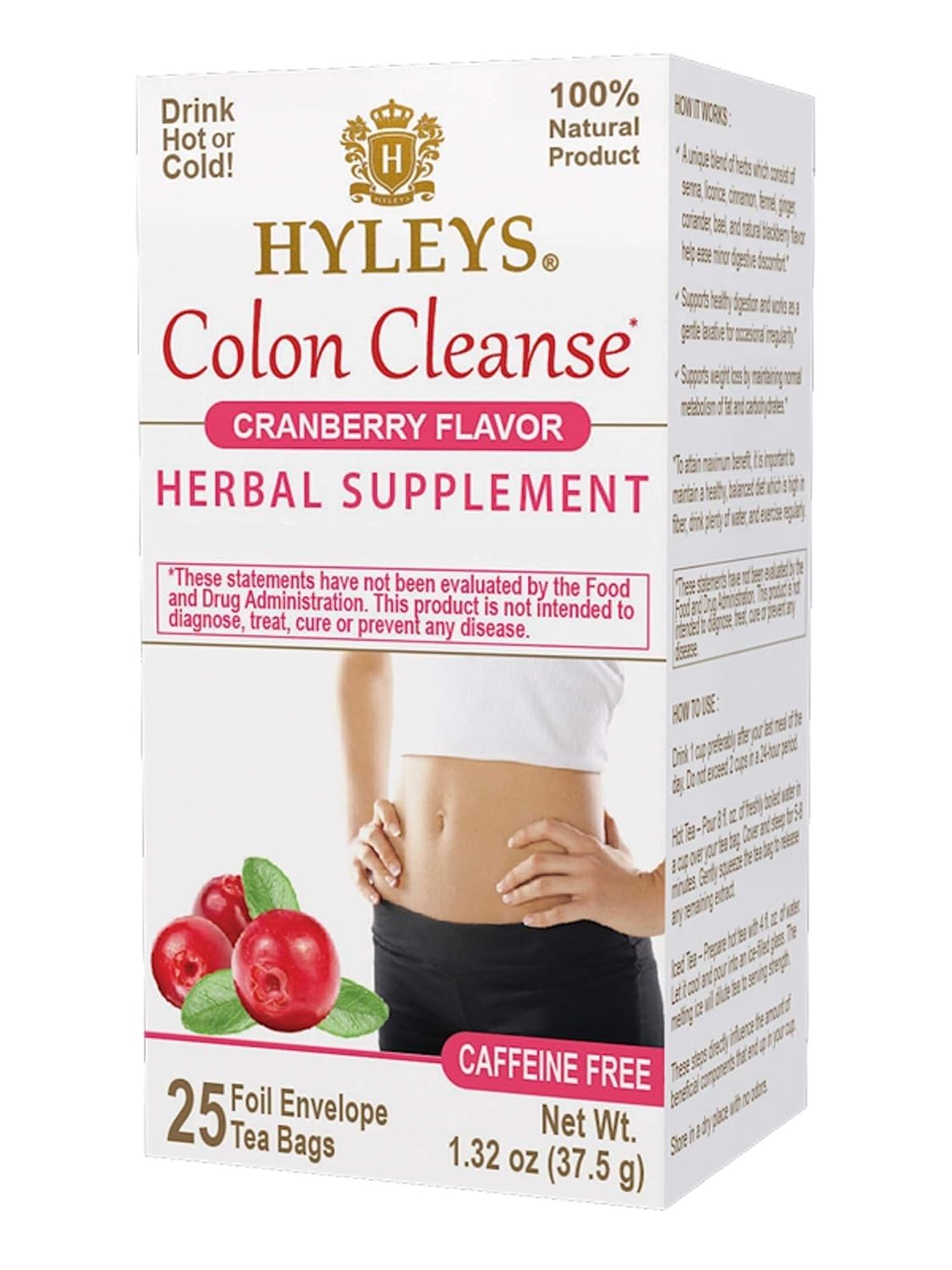 Hyleys Colon Cleanse Tea, Cranberry Flavor, Vegan, 25 Herbal Tea Bags