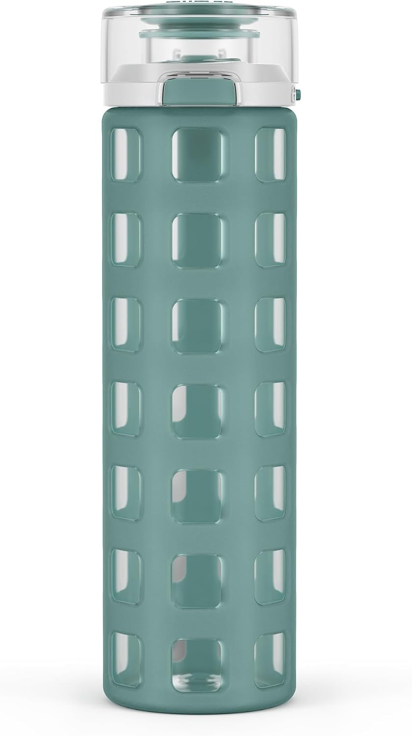 Ello Syndicate 20oz Glass Water Bottle with Flip Lid and Sleeve, Alligator | Glass water bottle for iced drinks with leakproof flip lid, silicone sleeve, carry loop, BPA-free, and dishwasher safe